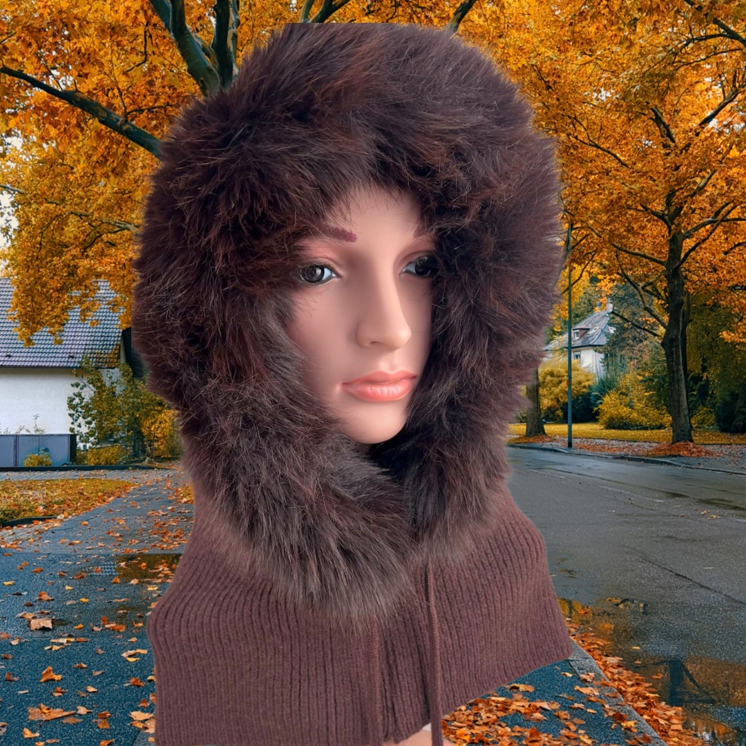 Our exquisite Balaclava, Women's Winter Hood in Brown. Featuring Faux Fur trim. The perfect gift for her!