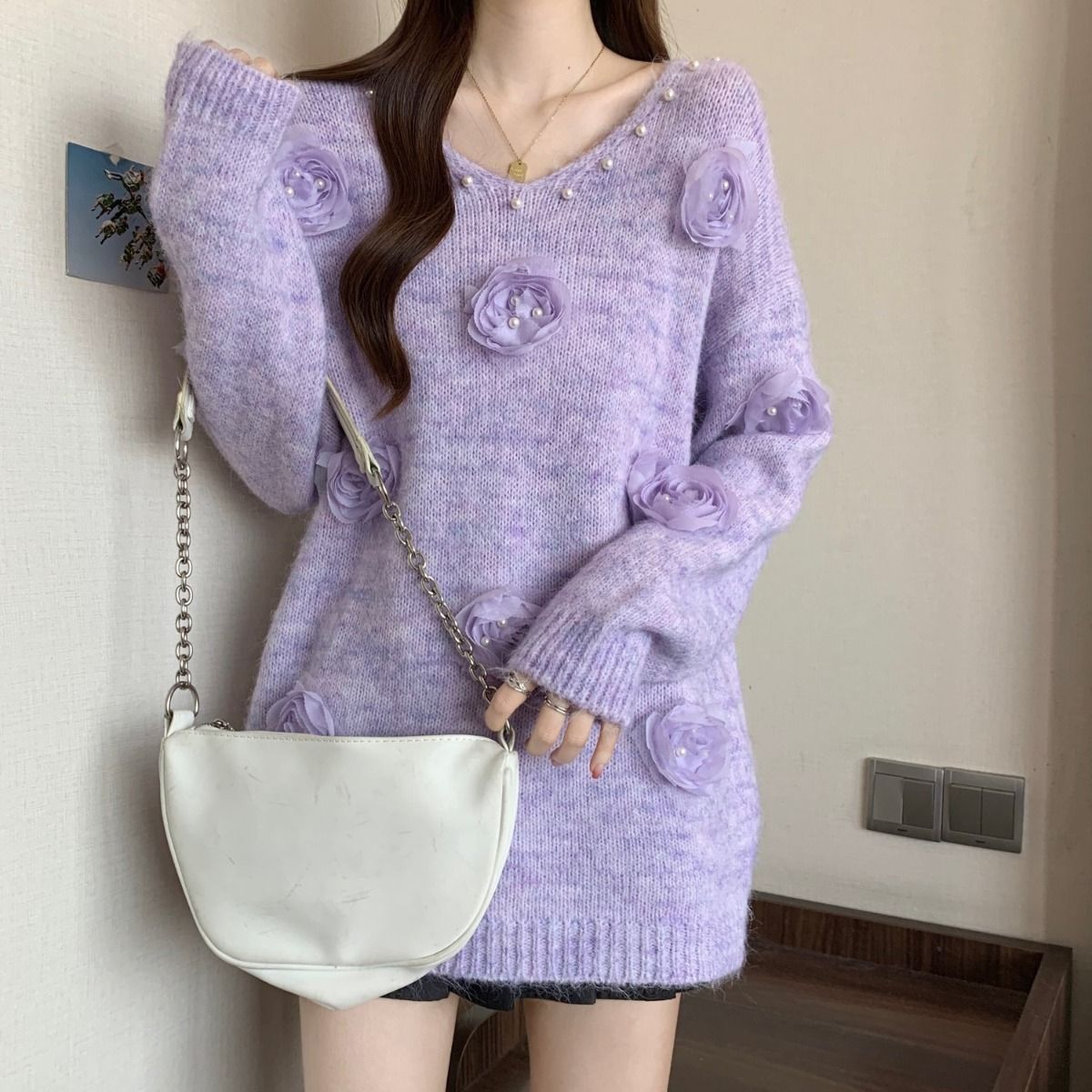 Designer Cosy Sweater with 3D Floral Embellishments in Lavender