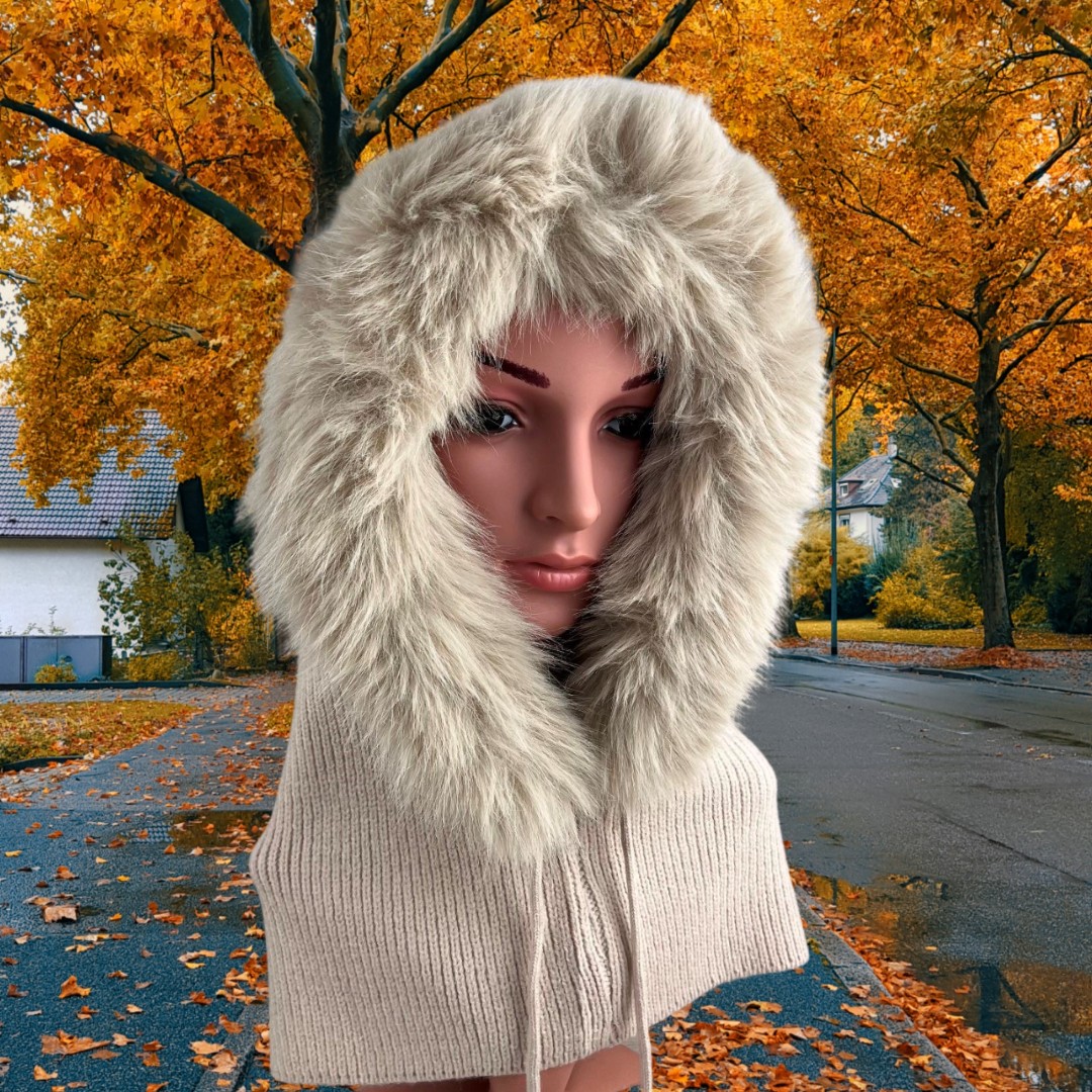 Our exquisite Balaclava, Women's Winter Hood in Beige. Featuring Faux Fur trim. The perfect gift for her!