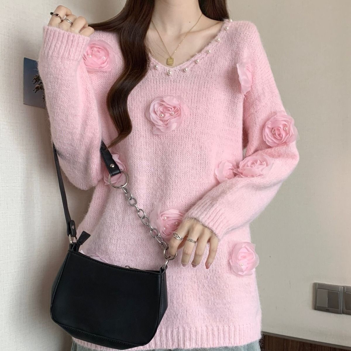 Designer Cosy Sweater with 3D Floral Embellishments in Pink