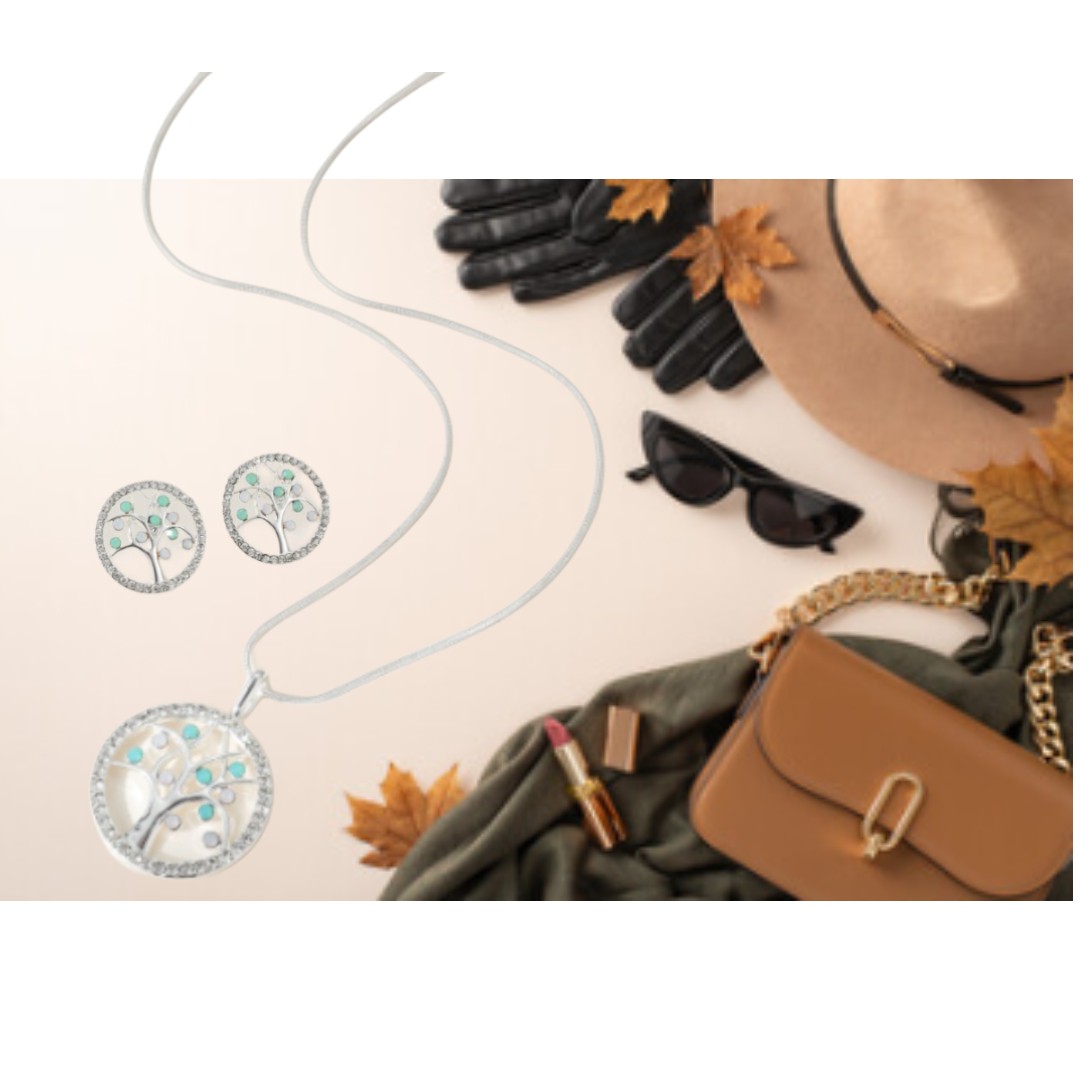 Tree of Life Necklace & Earring Set in Silvertone Finish with Crystals