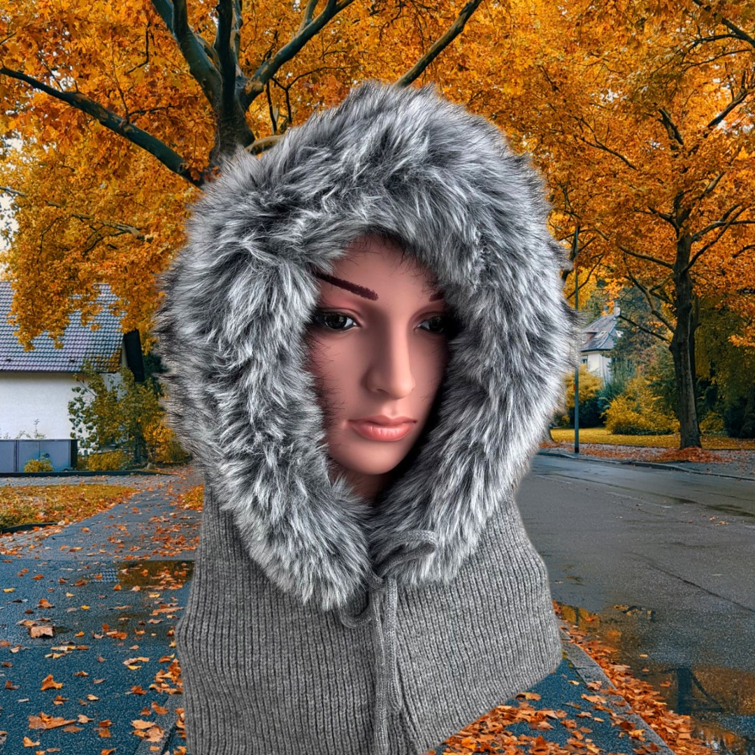 Our exquisite Balaclava, Women's Winter Hood in Grey. Featuring Faux Fur trim. The perfect gift for her!