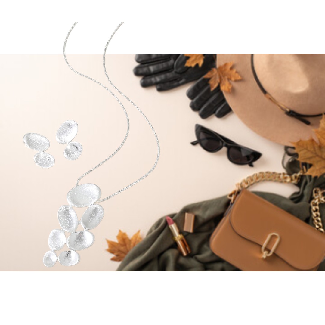 Abstract Raindrops Necklace & Earring Set in Silvertone Finish with Crystals