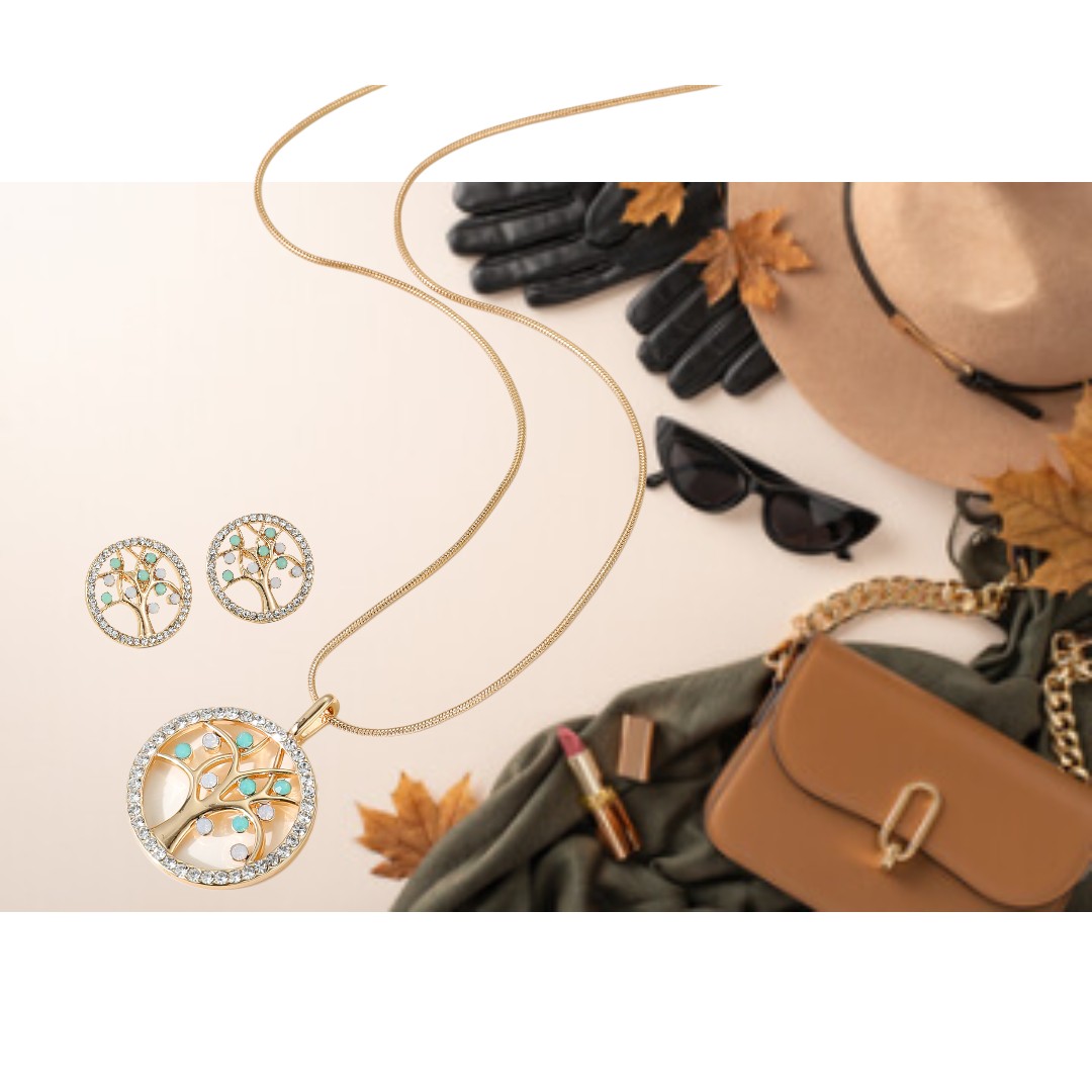 Tree of Life Necklace & Earring Set in Goldtone Finish with Crystals