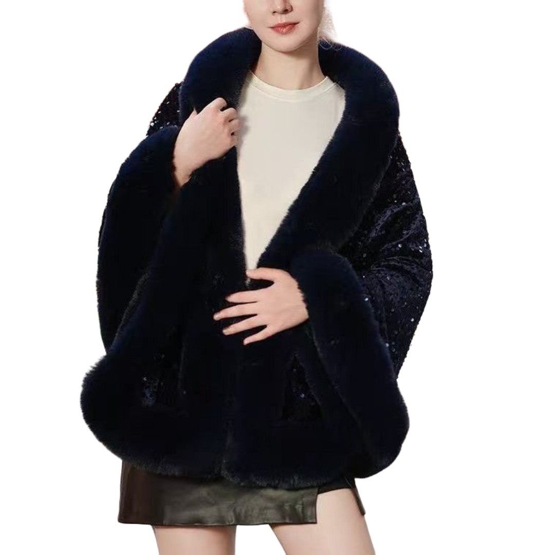 Elegant Sequin Cape Wrap with Plush Faux Fur in Navy