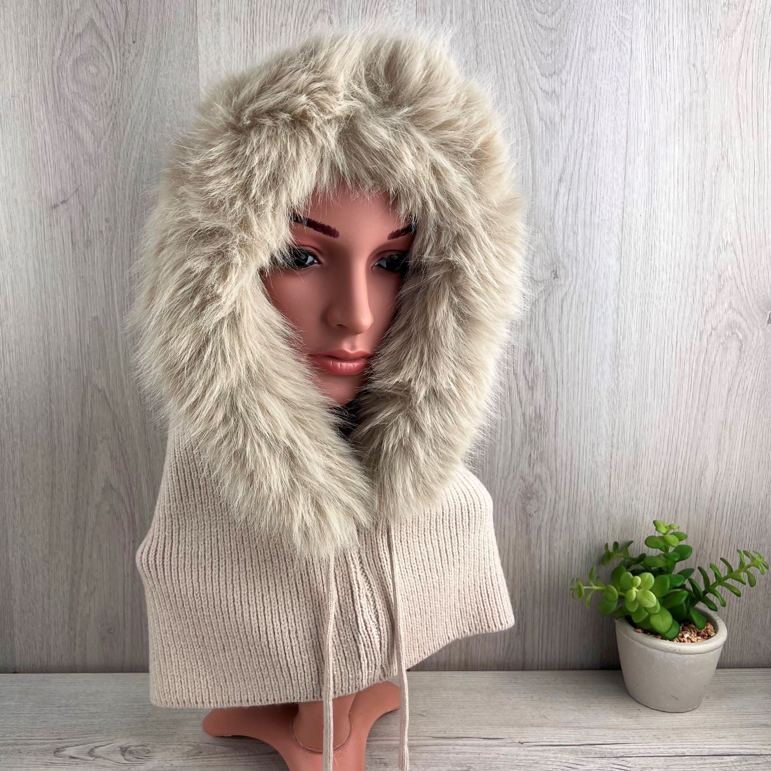 Our exquisite Balaclava, Women's Winter Hood in Beige. Featuring Faux Fur trim. The perfect gift for her!