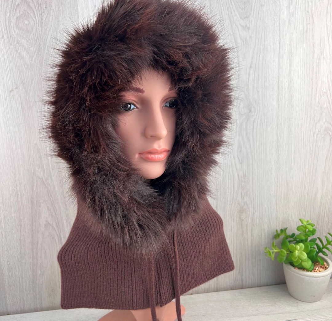 Our exquisite Balaclava, Women's Winter Hood in Brown. Featuring Faux Fur trim. The perfect gift for her!