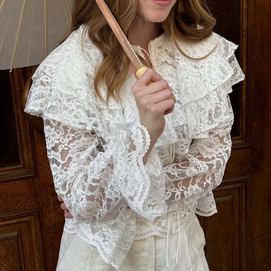 White Floral Lace Ruffle Blouse