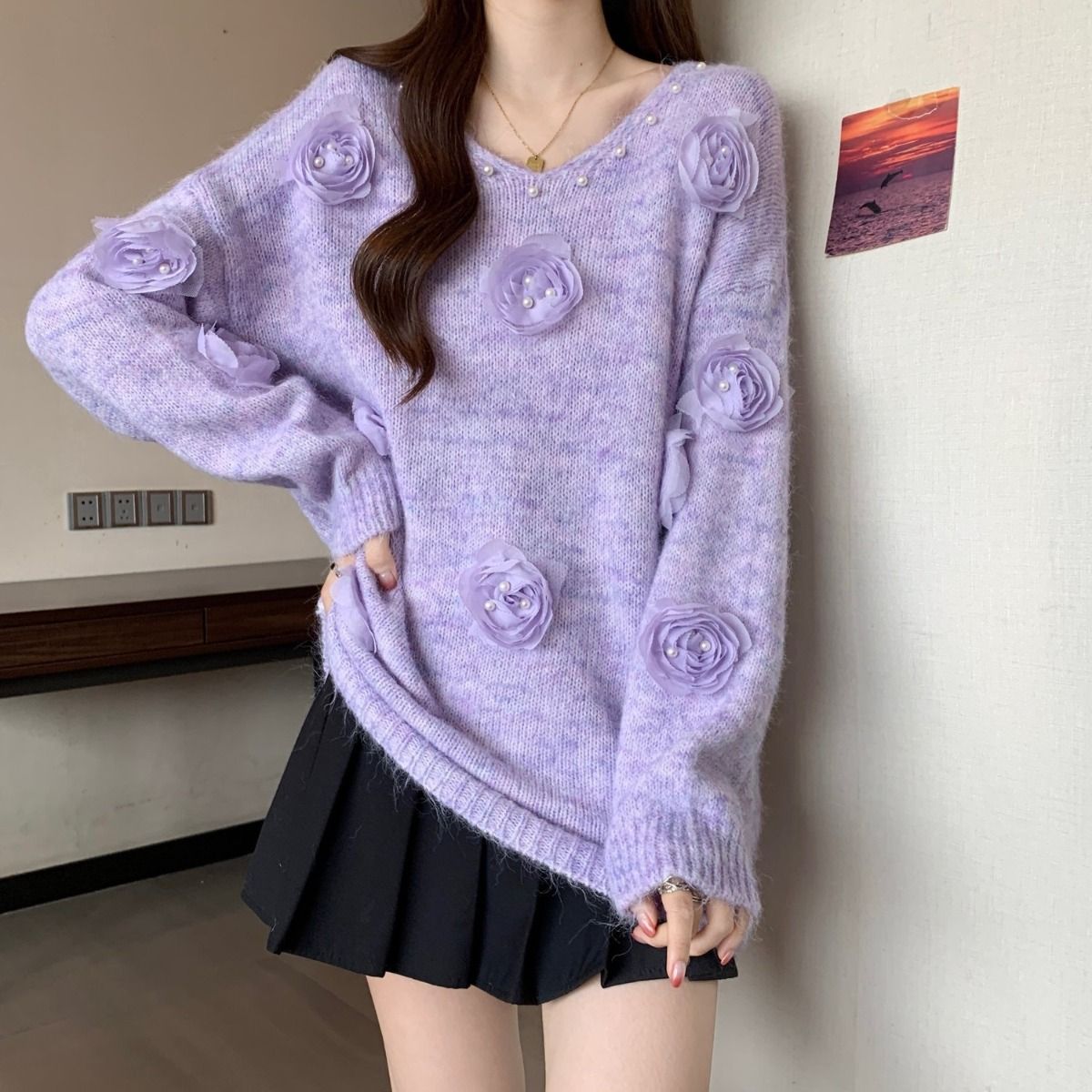 Designer Cosy Sweater with 3D Floral Embellishments in Lavender