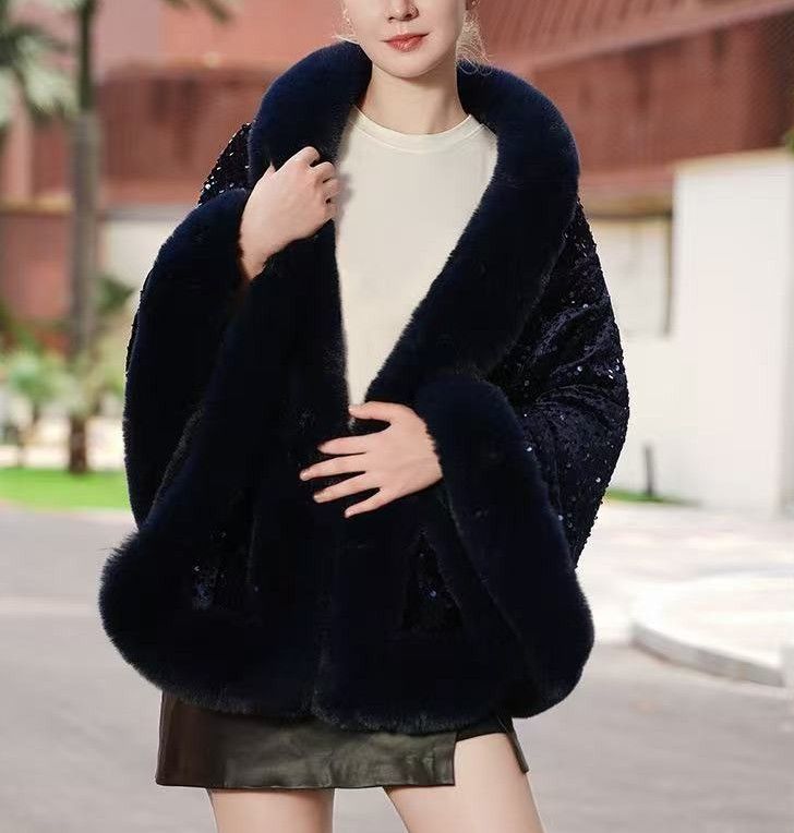 Elegant Sequin Cape Wrap with Plush Faux Fur in Navy