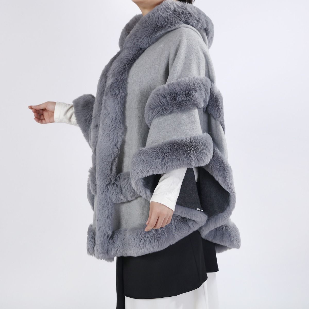 Just arrived -NEW DESIGN - Poncho Cape with Plush Faux Fur Detailing in Silver