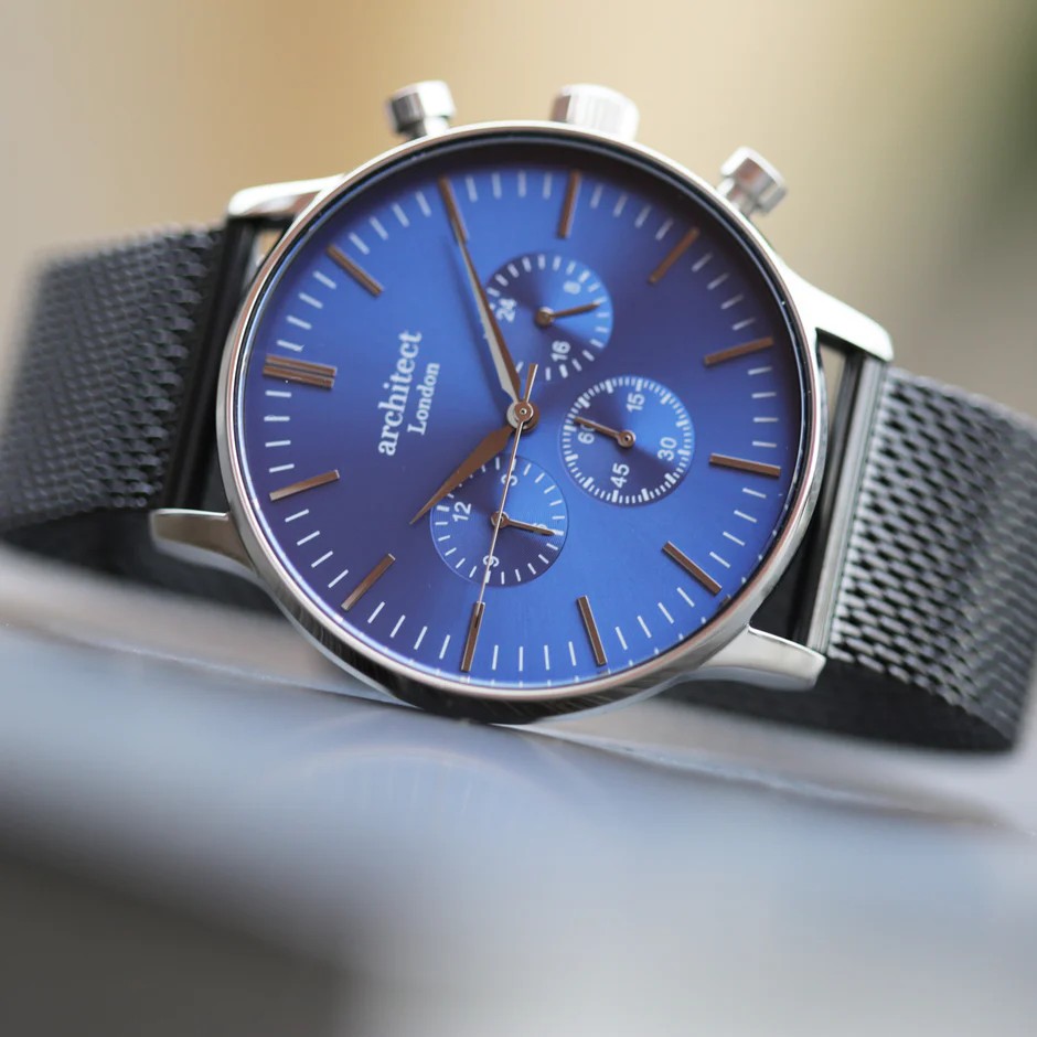 Men's Architect Motivator In Blue With Black Mesh Strap - Modern Font Engraving.