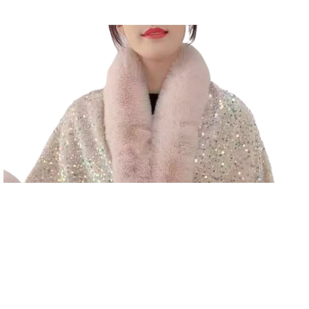 Elegant Sequin Cape Wrap with Plush Faux Fur in Beige