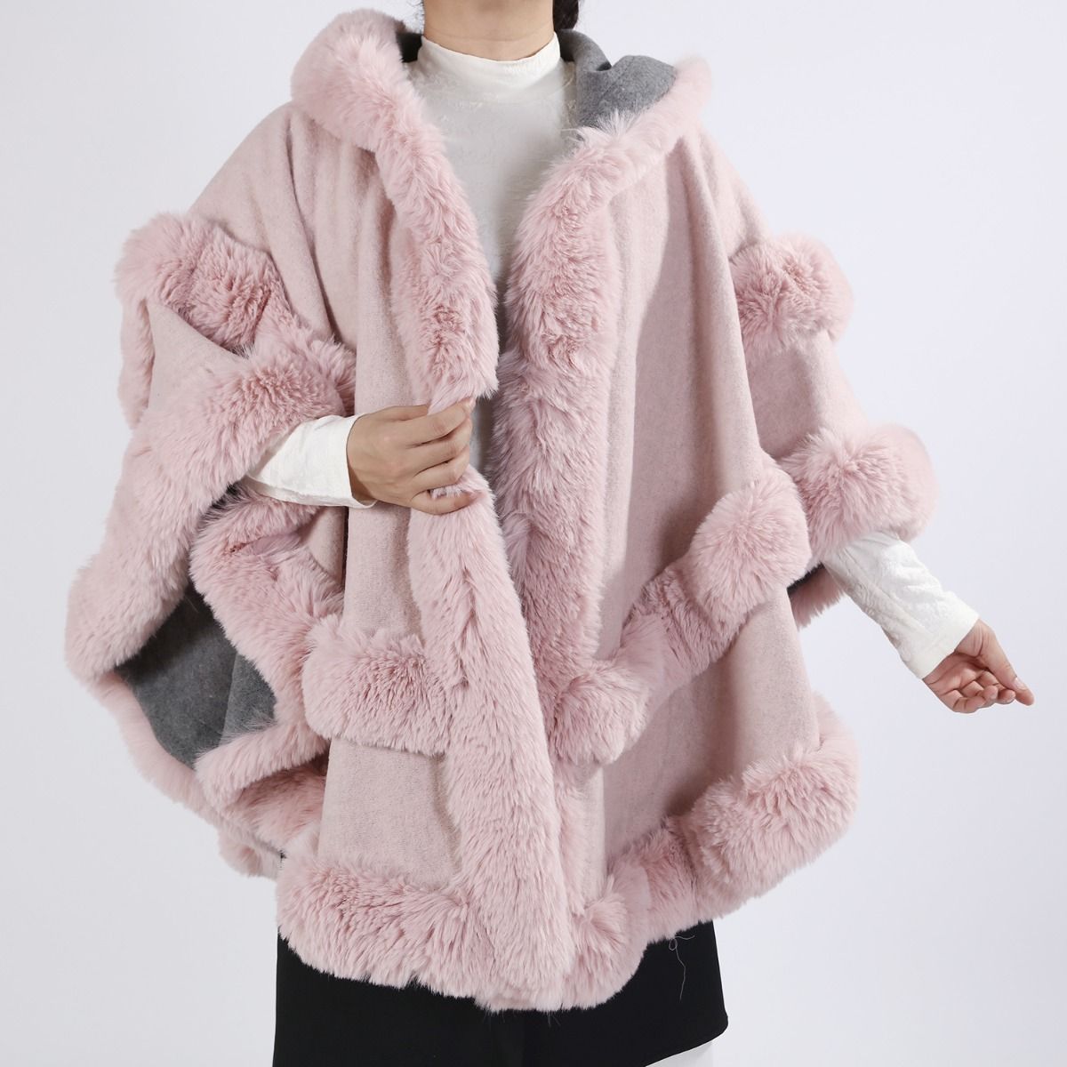 Just arrived -NEW DESIGN - Poncho Cape with Plush Faux Fur Detailing in Pink