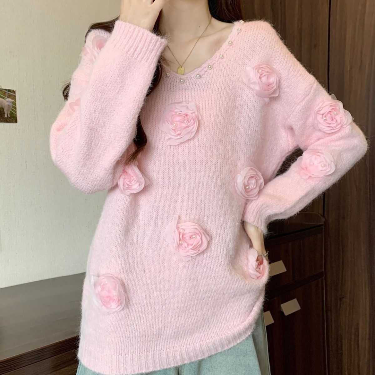 Designer Cosy Sweater with 3D Floral Embellishments in Pink