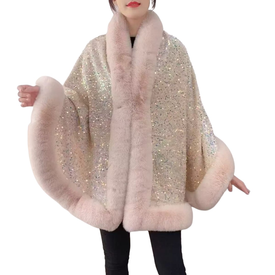 Elegant Sequin Cape Wrap with Plush Faux Fur in Beige