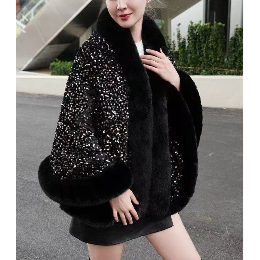 Elegant Sequin Cape Wrap with Plush Faux Fur in Black