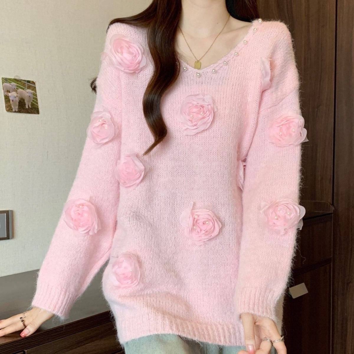Designer Cosy Sweater with 3D Floral Embellishments in Pink
