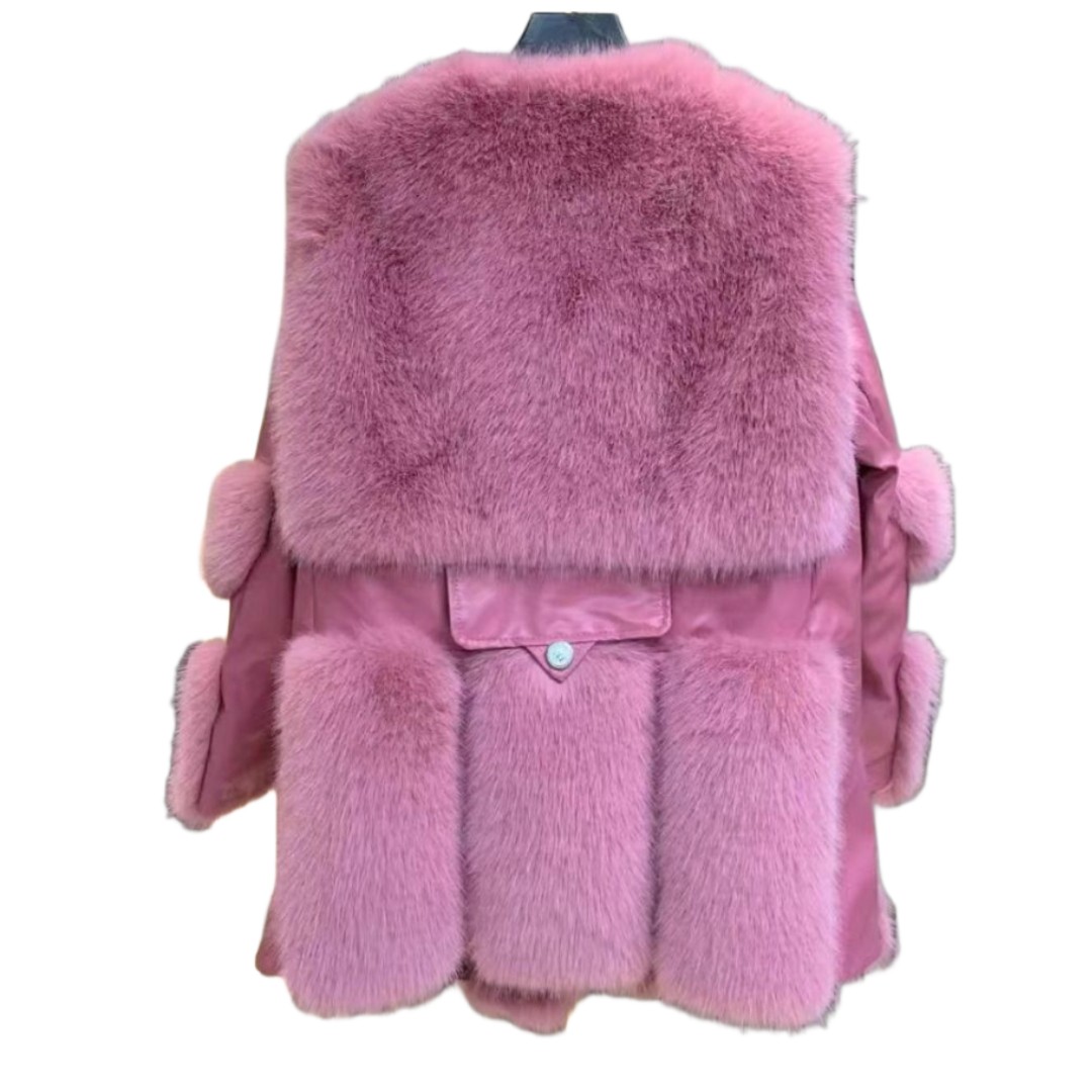 Faux Fur and Vegan Leather Winter Jacket in Pink