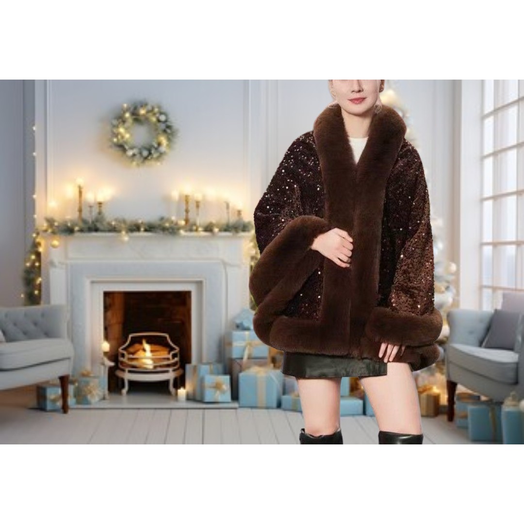 Elegant Sequin Cape Wrap with Plush Faux Fur in Brown