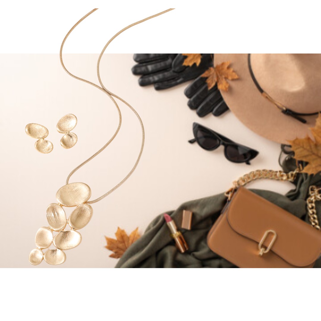 Abstract Raindrops Necklace & Earring Set in Goldtone Finish with Crystals