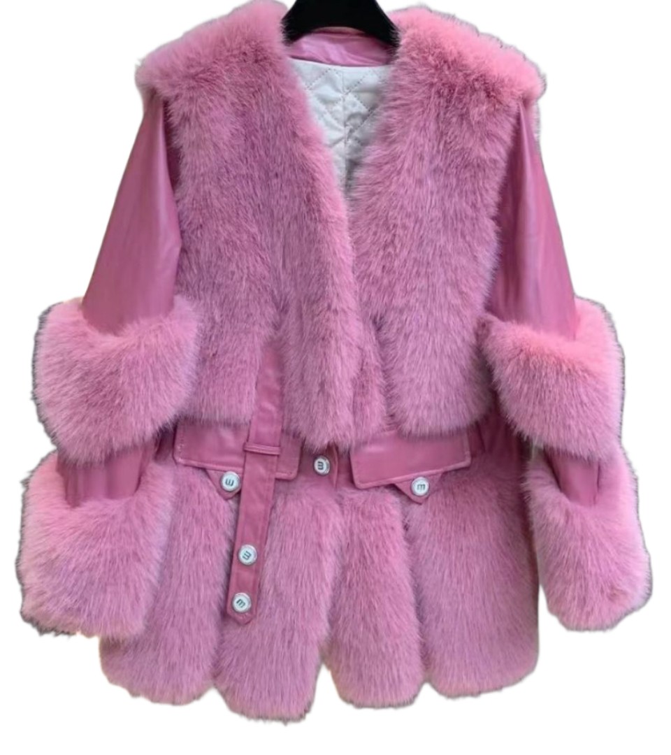 Faux Fur and Vegan Leather Winter Jacket in Pink