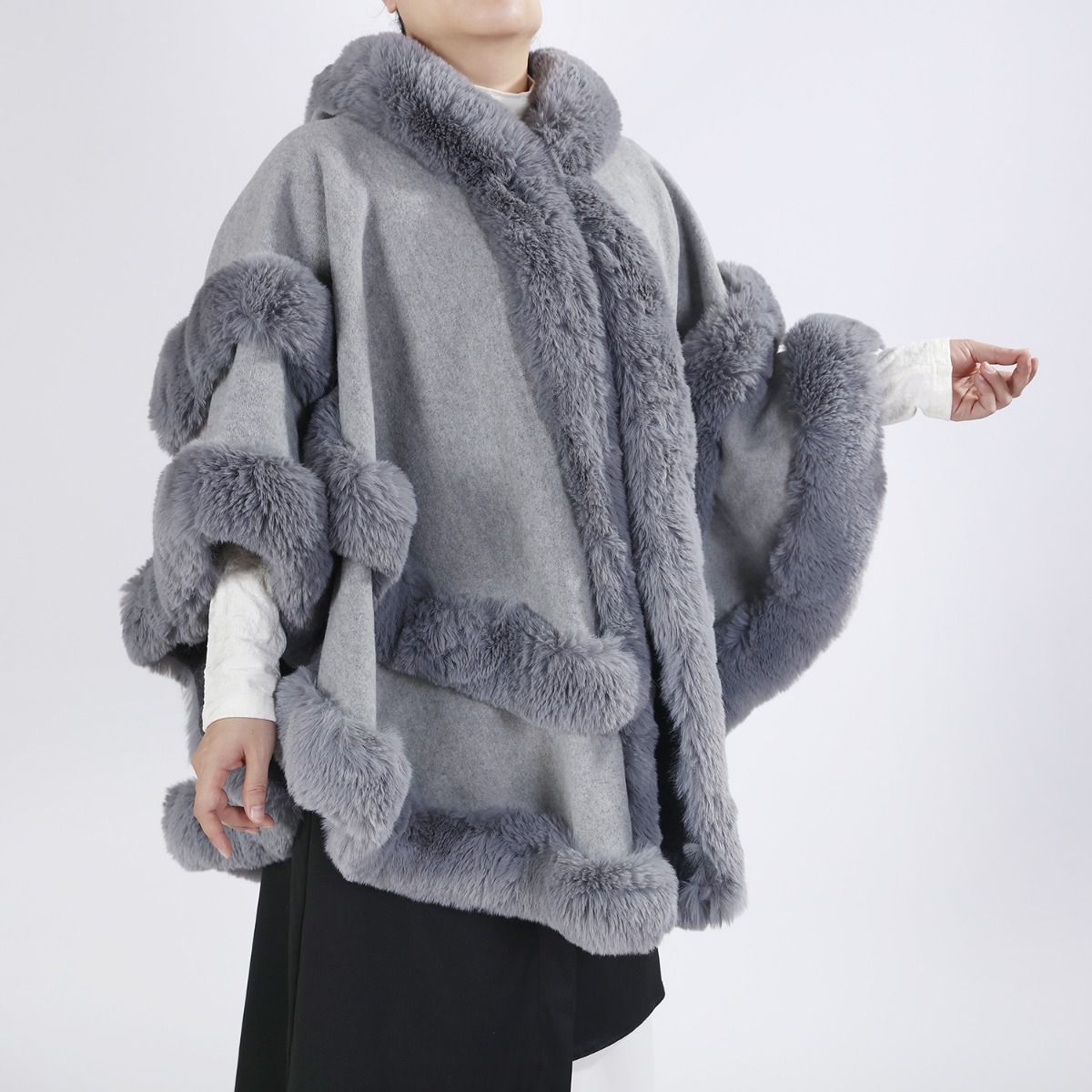 Just arrived -NEW DESIGN - Poncho Cape with Plush Faux Fur Detailing in Silver