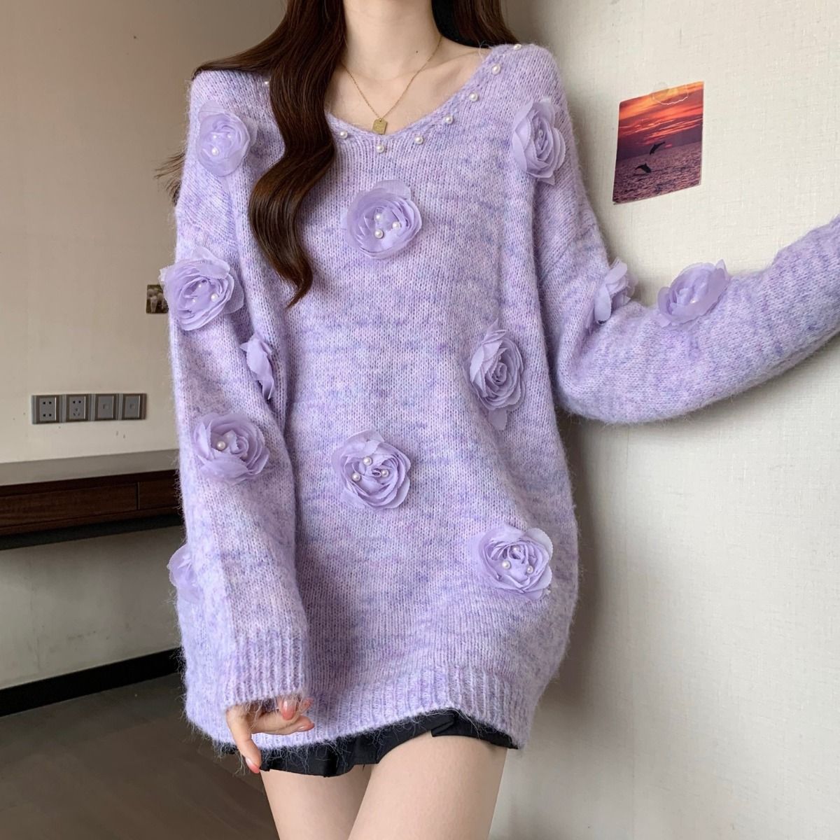 Designer Cosy Sweater with 3D Floral Embellishments in Lavender