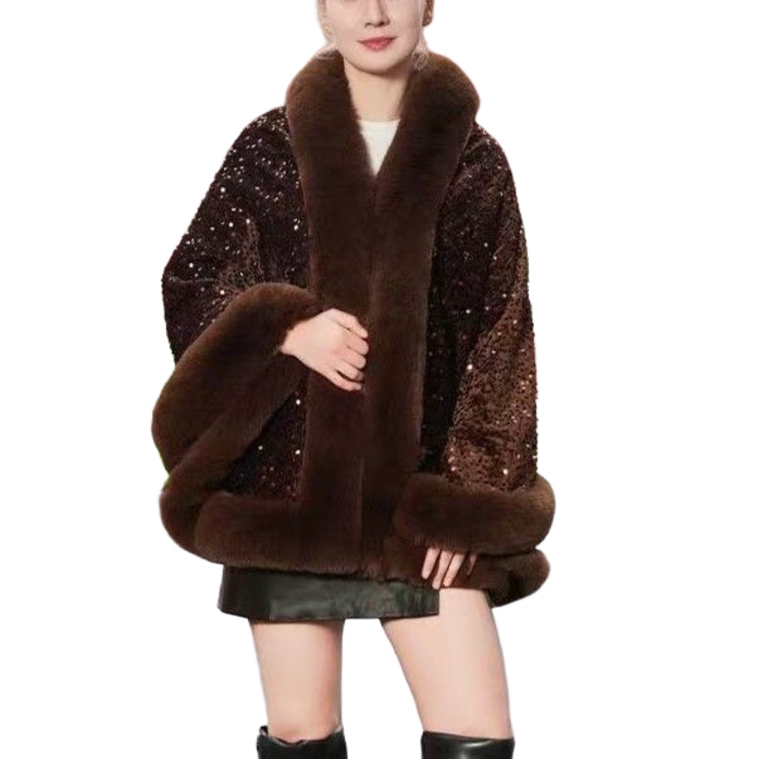 Elegant Sequin Cape Wrap with Plush Faux Fur in Brown