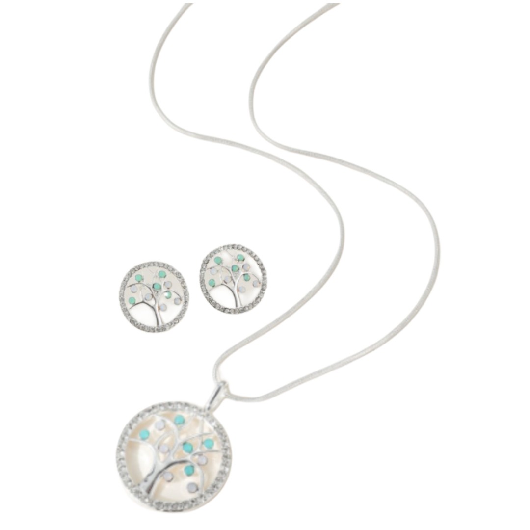 Tree of Life Necklace & Earring Set in Silvertone Finish with Crystals