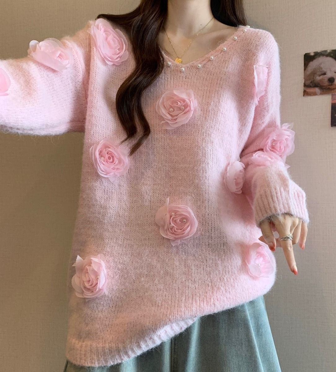 Designer Cosy Sweater with 3D Floral Embellishments in Pink
