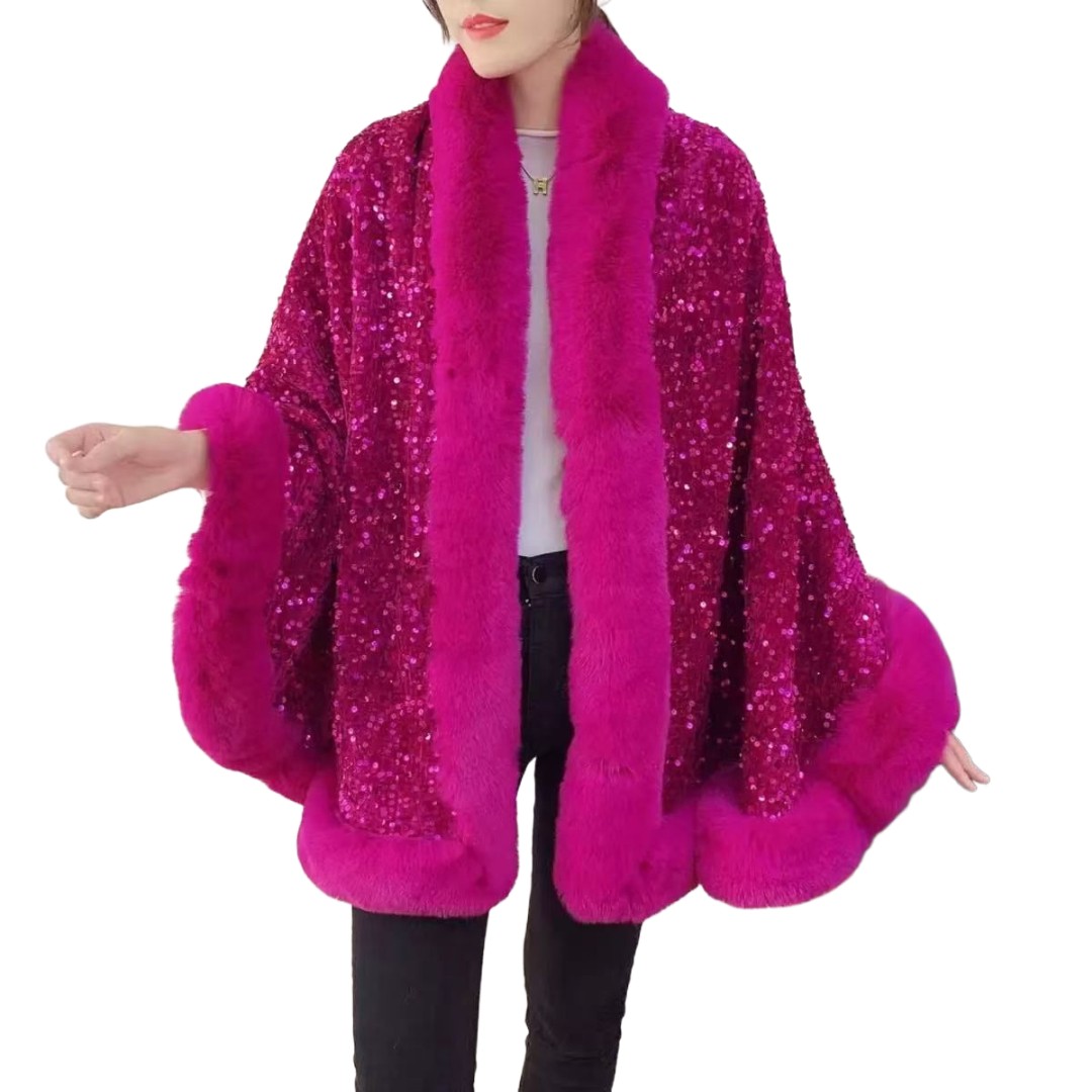 Elegant Sequin Cape Wrap with Plush Faux Fur in Fuchsia