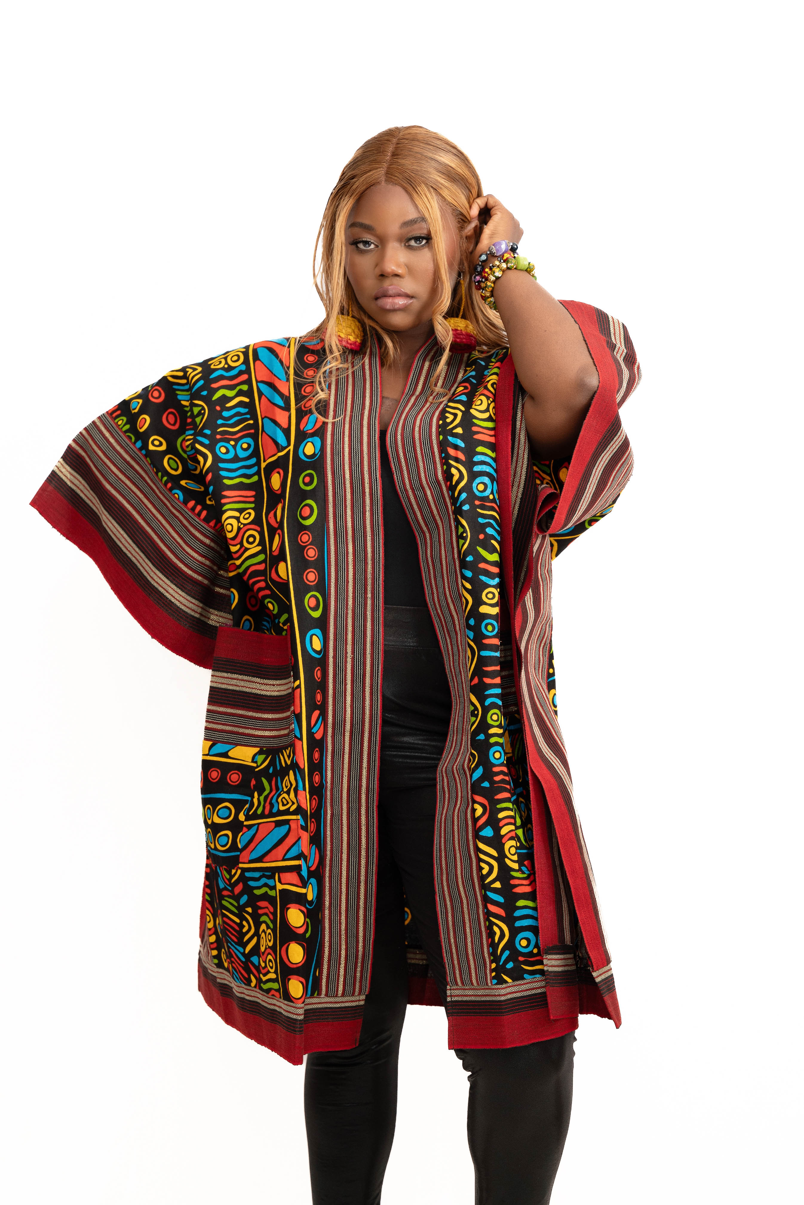 Naija Rich Luxe Kimono – Aqua Blaze Edition (Tribal Ankara + Aso Oke)