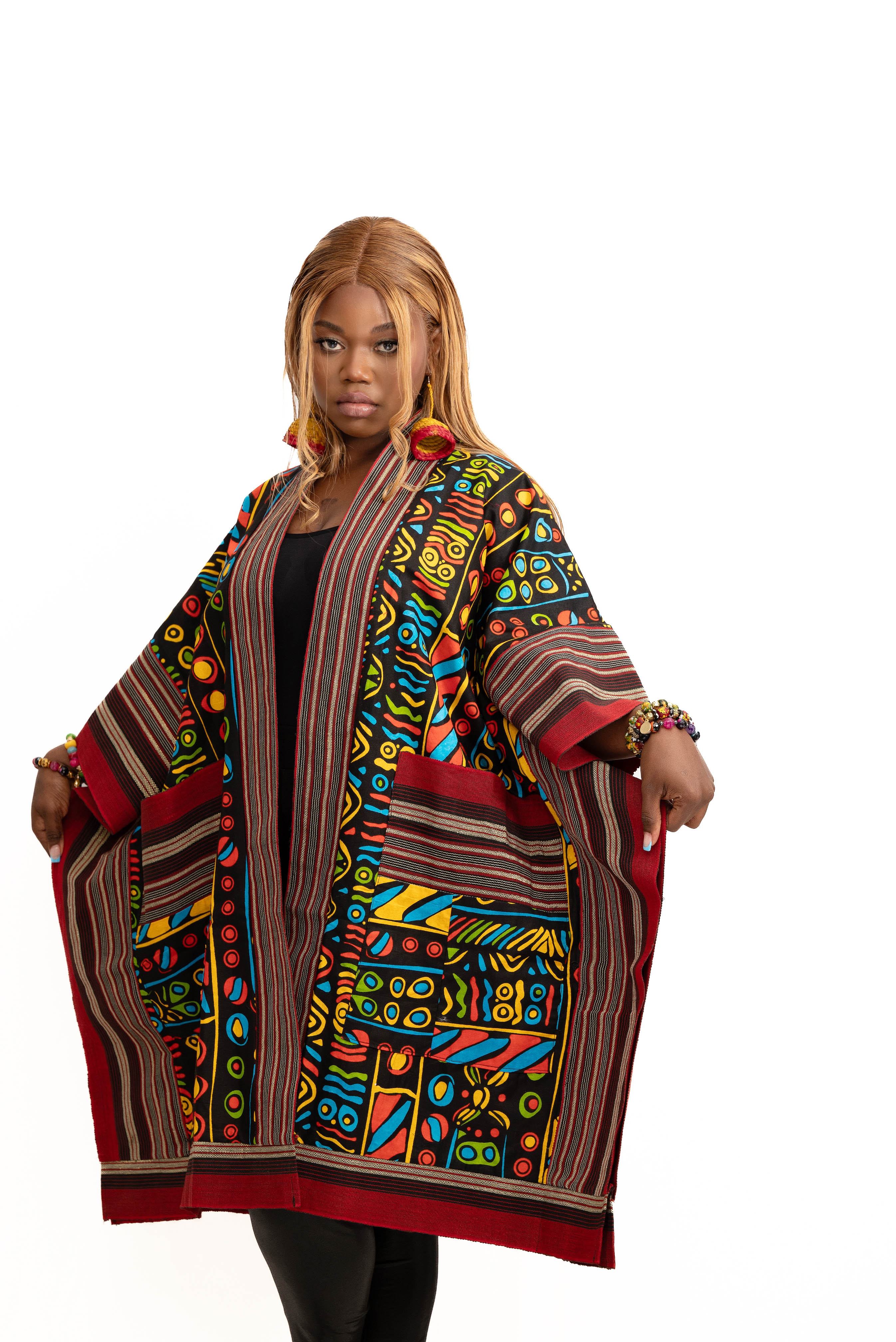 Naija Rich Luxe Kimono – Aqua Blaze Edition (Tribal Ankara + Aso Oke)