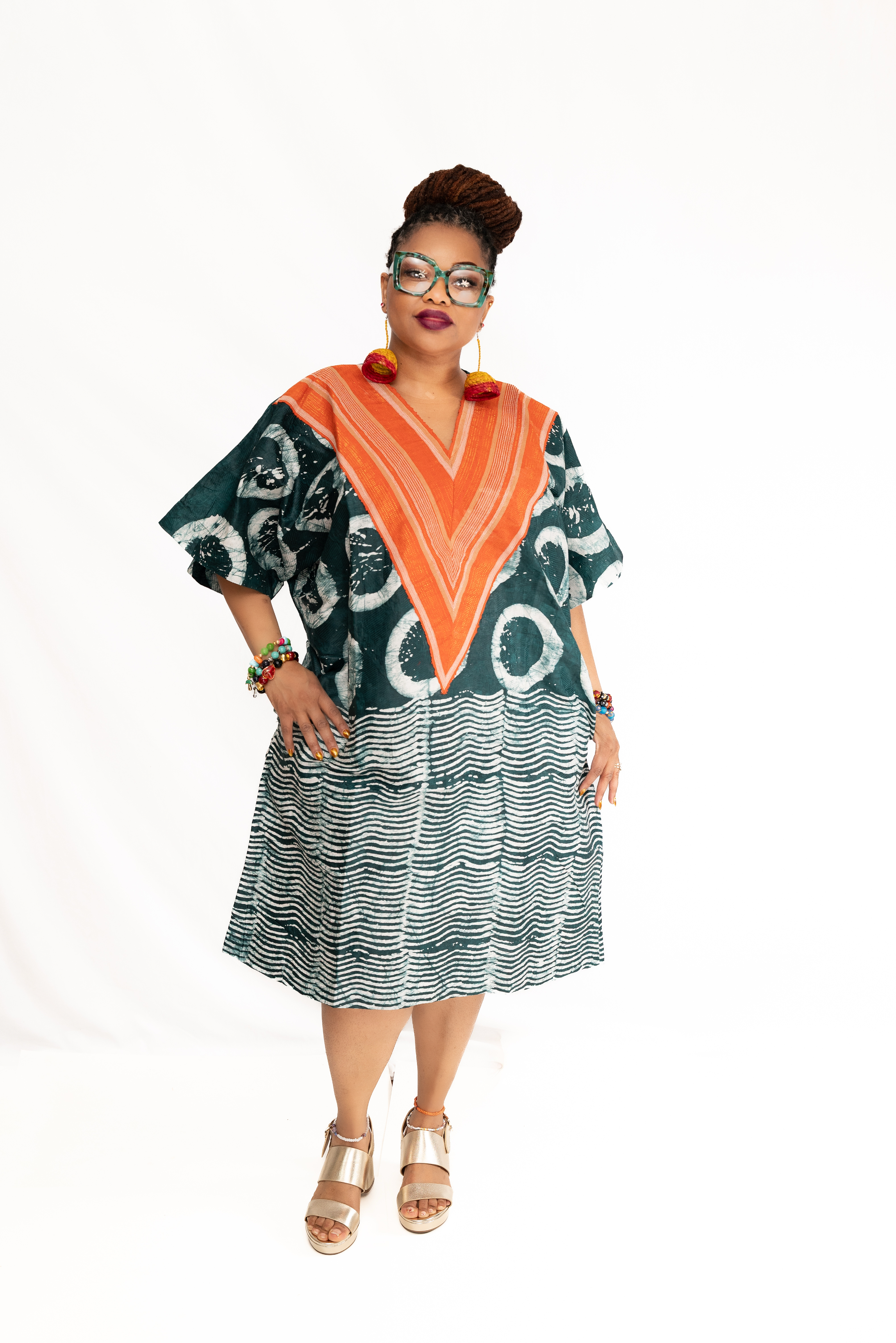 Adire Aso Oke Trimmed V-Neck Dress