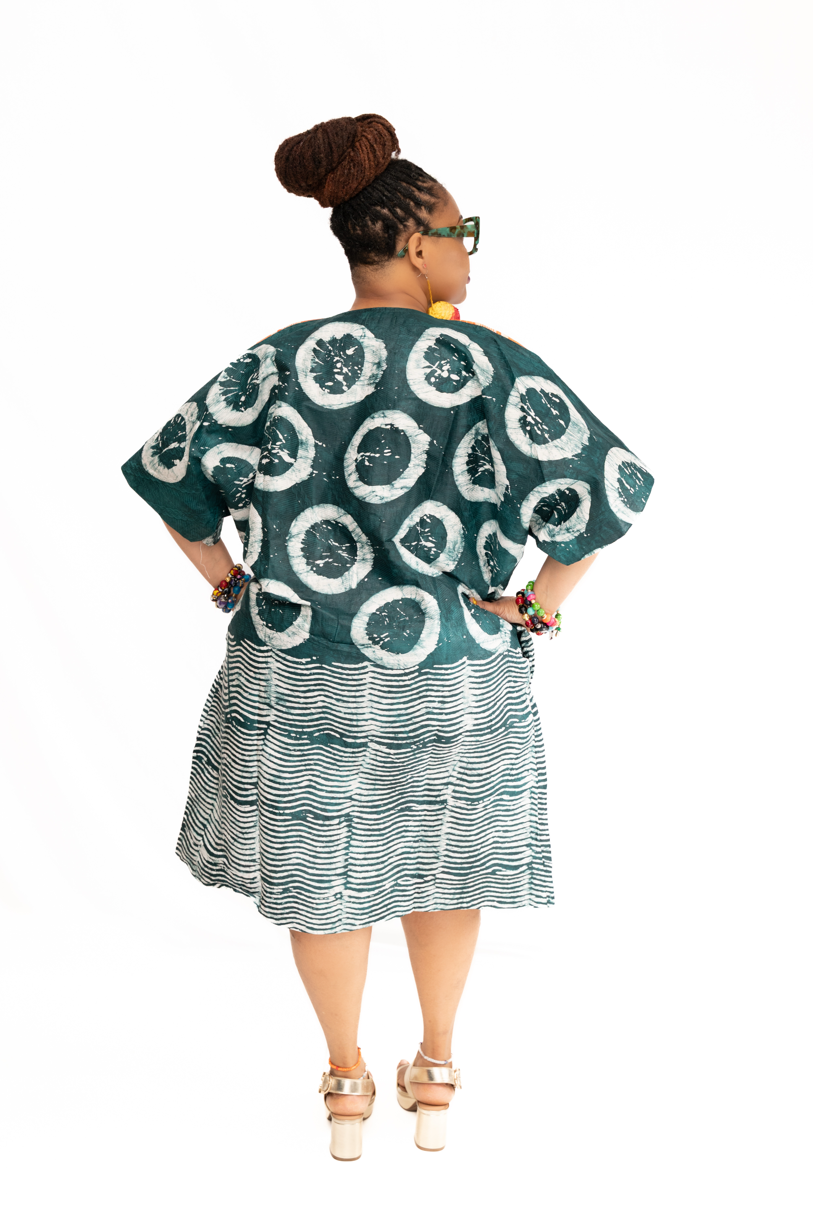 Adire Aso Oke Trimmed V-Neck Dress