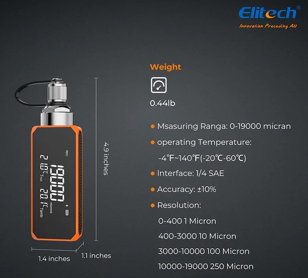 Elitech VGW-mini Wireless Micron Gauge 1~19,000 Microns, Medidor de vacío digital para HVAC y automotriz, Medidor de vacío de refrigerante 1/4" SAE