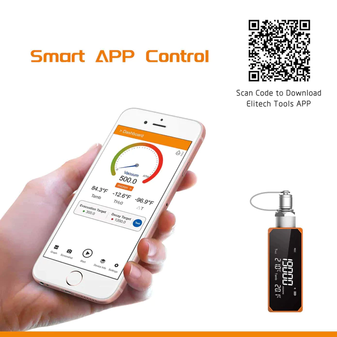 Elitech VGW-mini Wireless Micron Gauge 1~19,000 Microns, Medidor de vacío digital para HVAC y automotriz, Medidor de vacío de refrigerante 1/4" SAE