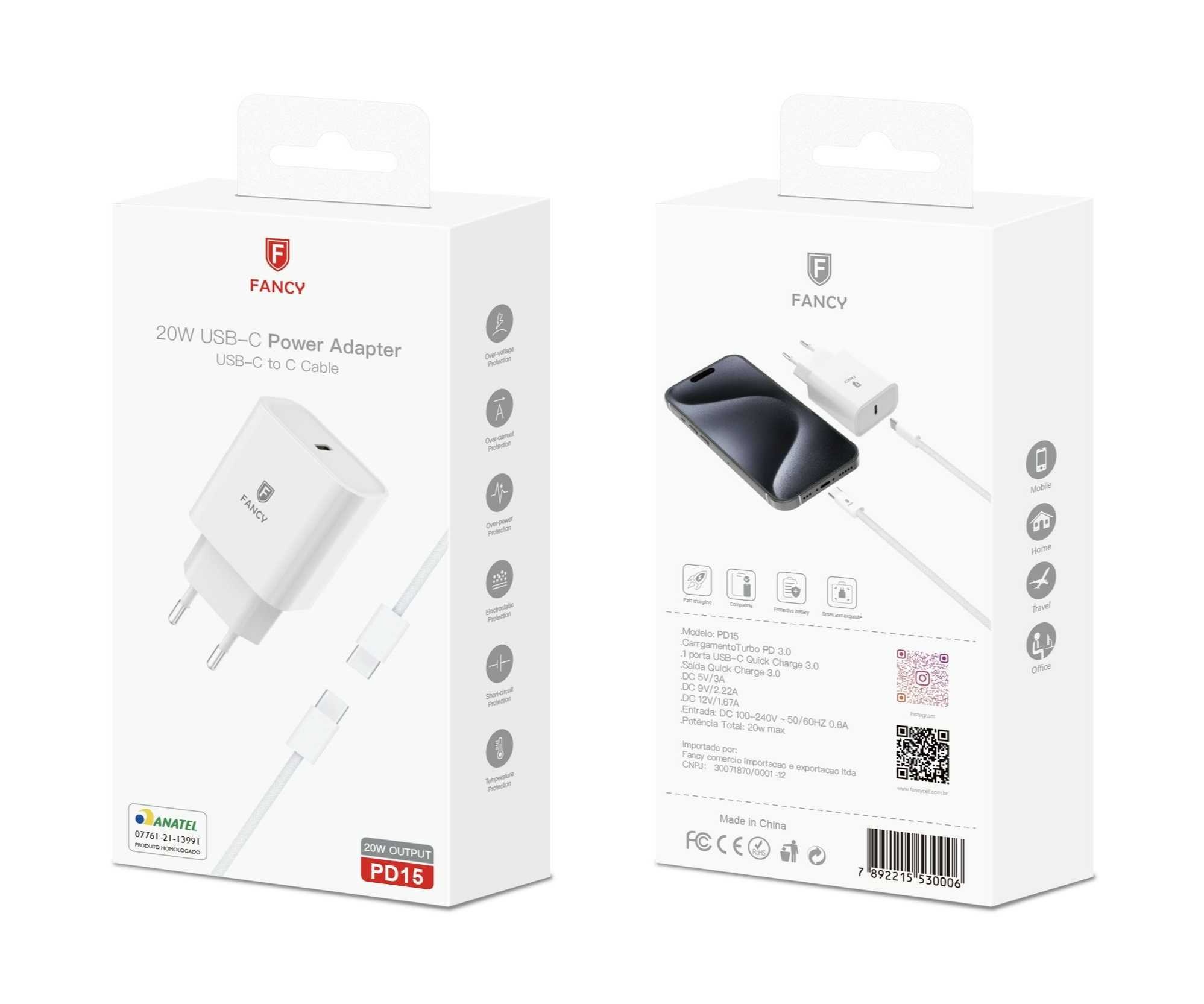 PD15 - Kit Carregador Tomada 20w  | USB-C - Type C