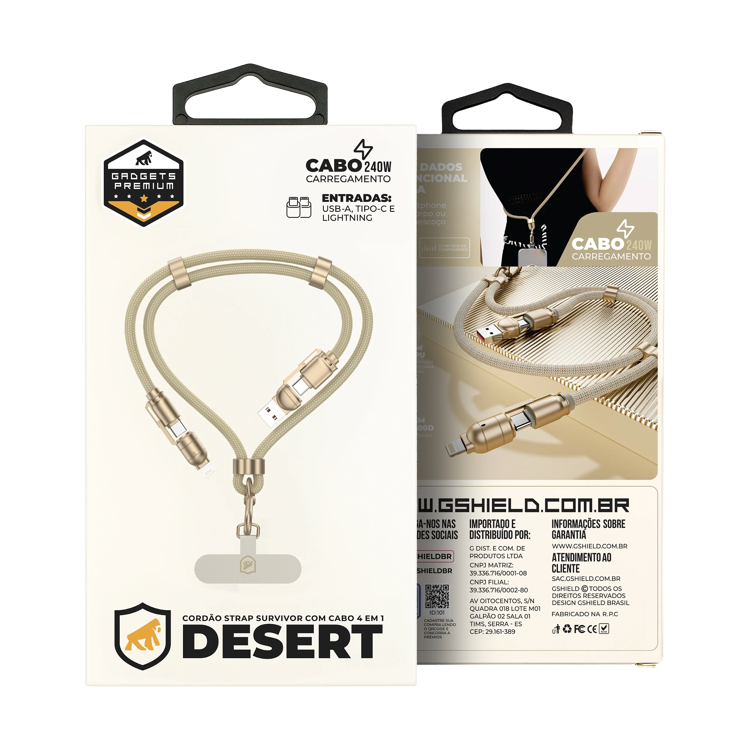 Cordão de Pescoço para Celular com Cabo USB-A / Tipo C / Lightning 240W - 1,5M - Titanium - Gshield