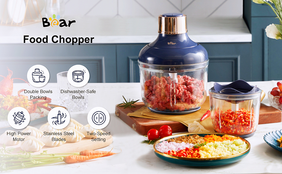 Bear Food Processor, Electric Food Chopper with 2 Glass Bowls (8 Cup+2.5 Cup)