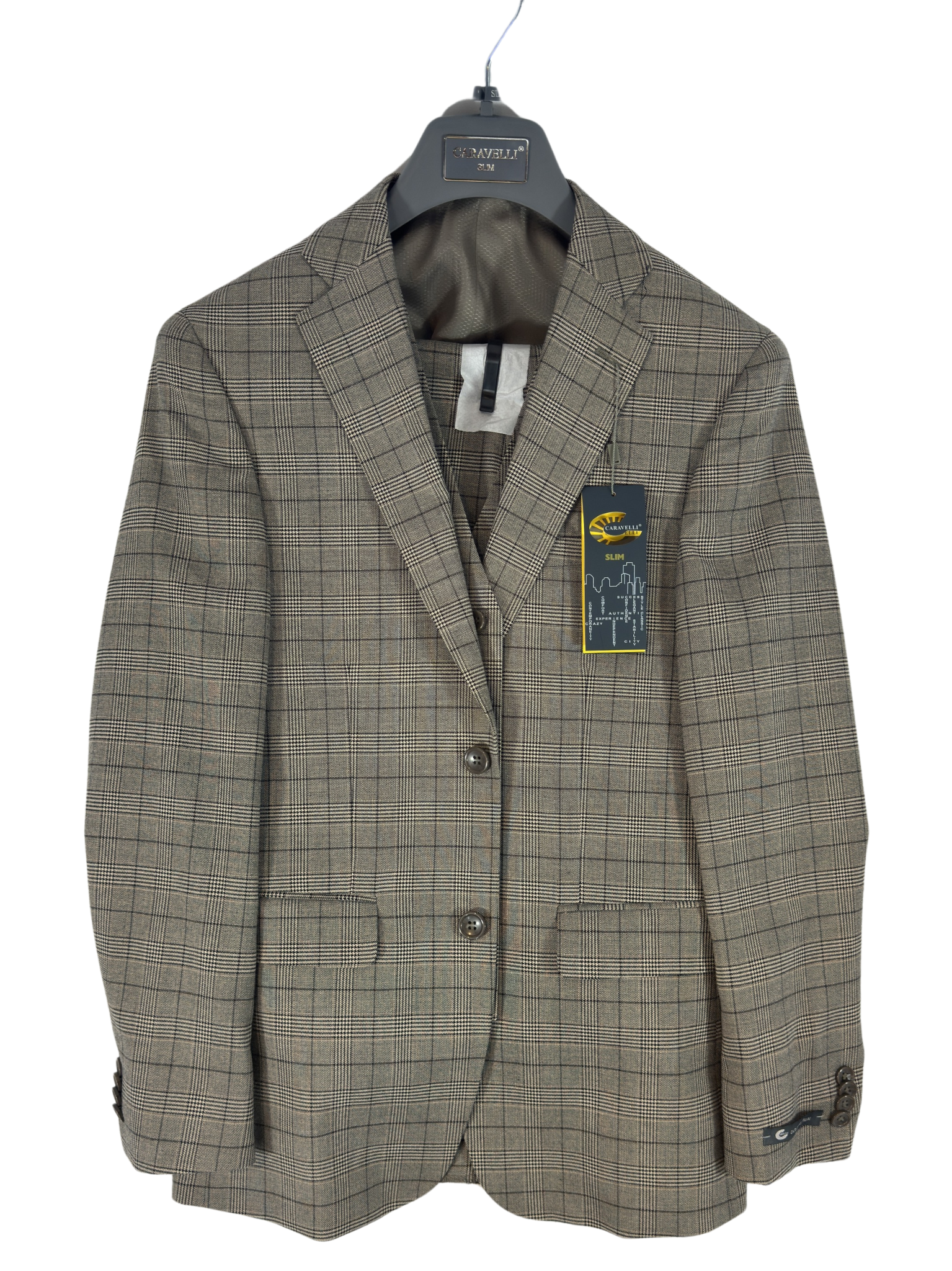 Caravelli Tan Plaid Suit Jacket, Vest and Pants