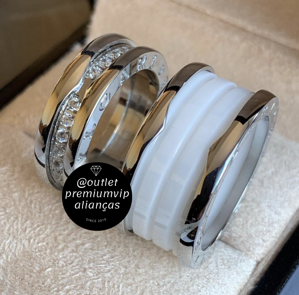 Aliança bvlgari  ceramica branca com duplo banho de ouro branco 18k 10mm