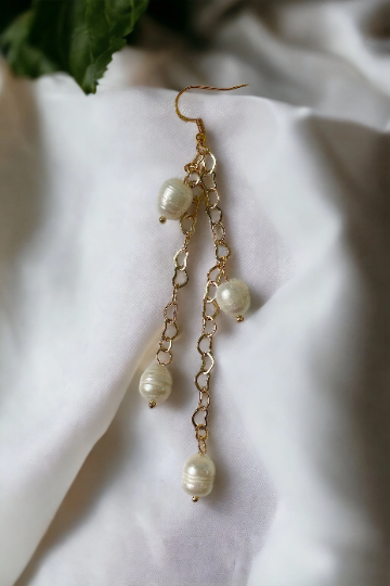 14k Gold and Gold Plated Sterling Silver Heart Chain Pearl Earrings
