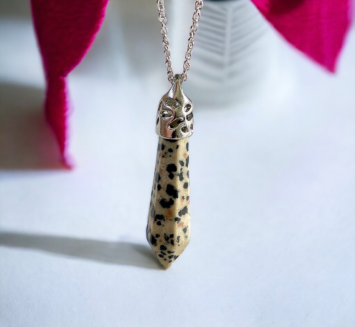 18” Sterling Silver Dalmatian Jasper Dagger Wand Pendant Necklace