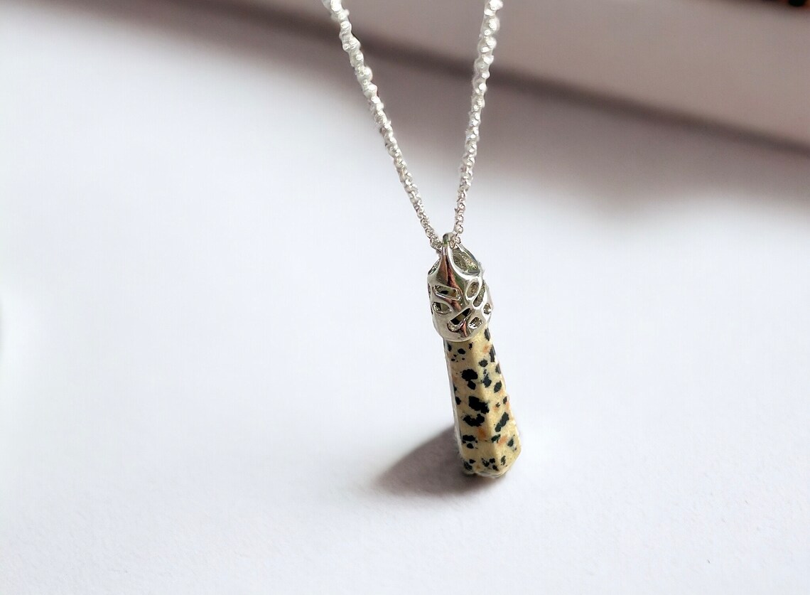 18” Sterling Silver Dalmatian Jasper Dagger Wand Pendant Necklace