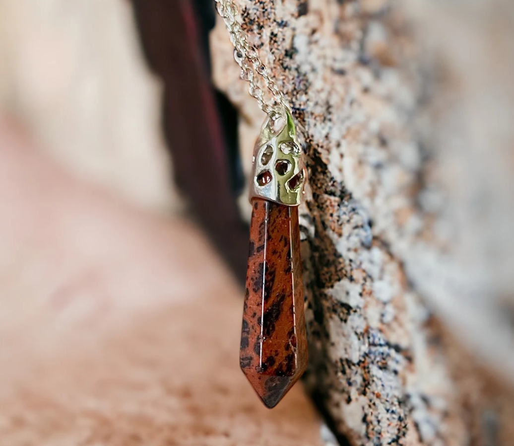 18” Sterling Silver Mahogany Obsidian Dagger Wand Pendant Necklace