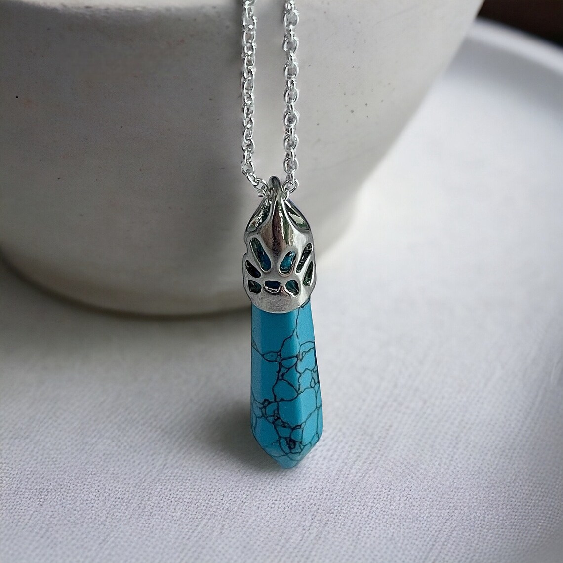 18” Sterling Silver Turquoise Howlite Dagger Wand Pendant Necklace