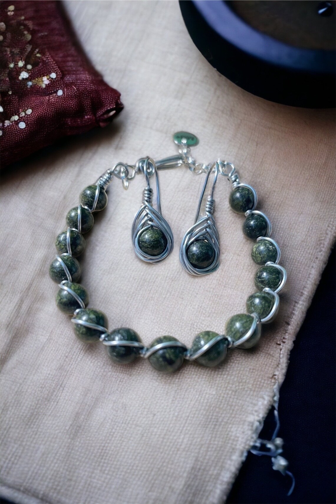 African Green Jasper Wire Wrap Bracelet and Earrings Set