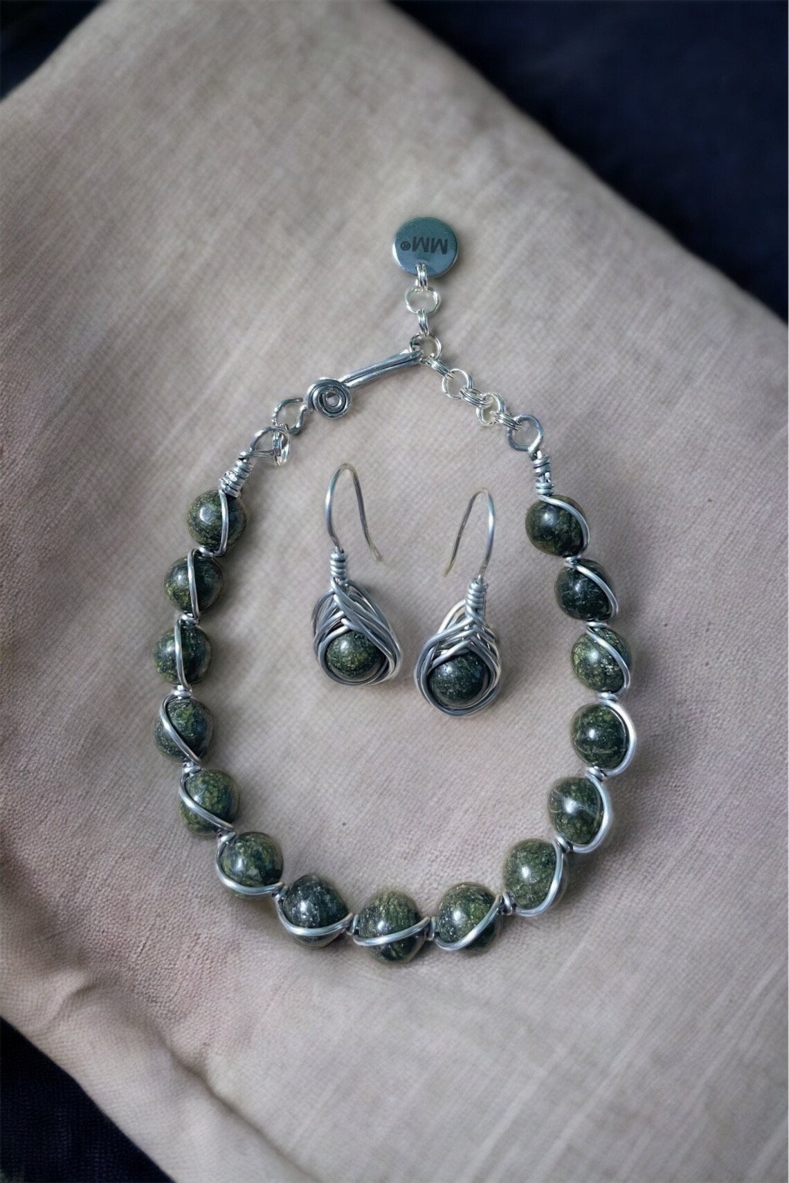 African Green Jasper Wire Wrap Bracelet and Earrings Set